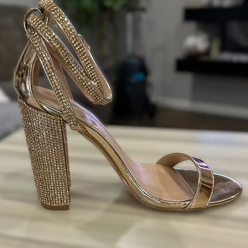 Wild Diva rose gold metallic and crystal block heels double wrap‎ ankle size 5.5 - Picture 6 of 10